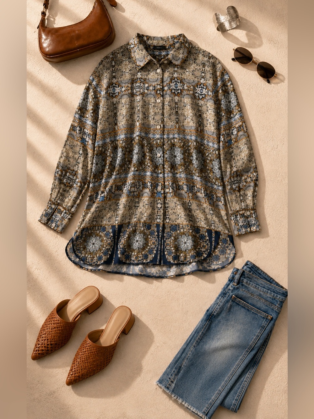 VICI XL Boho Scarf Print Tunic Blouse Button Front Long Sleeve Top
